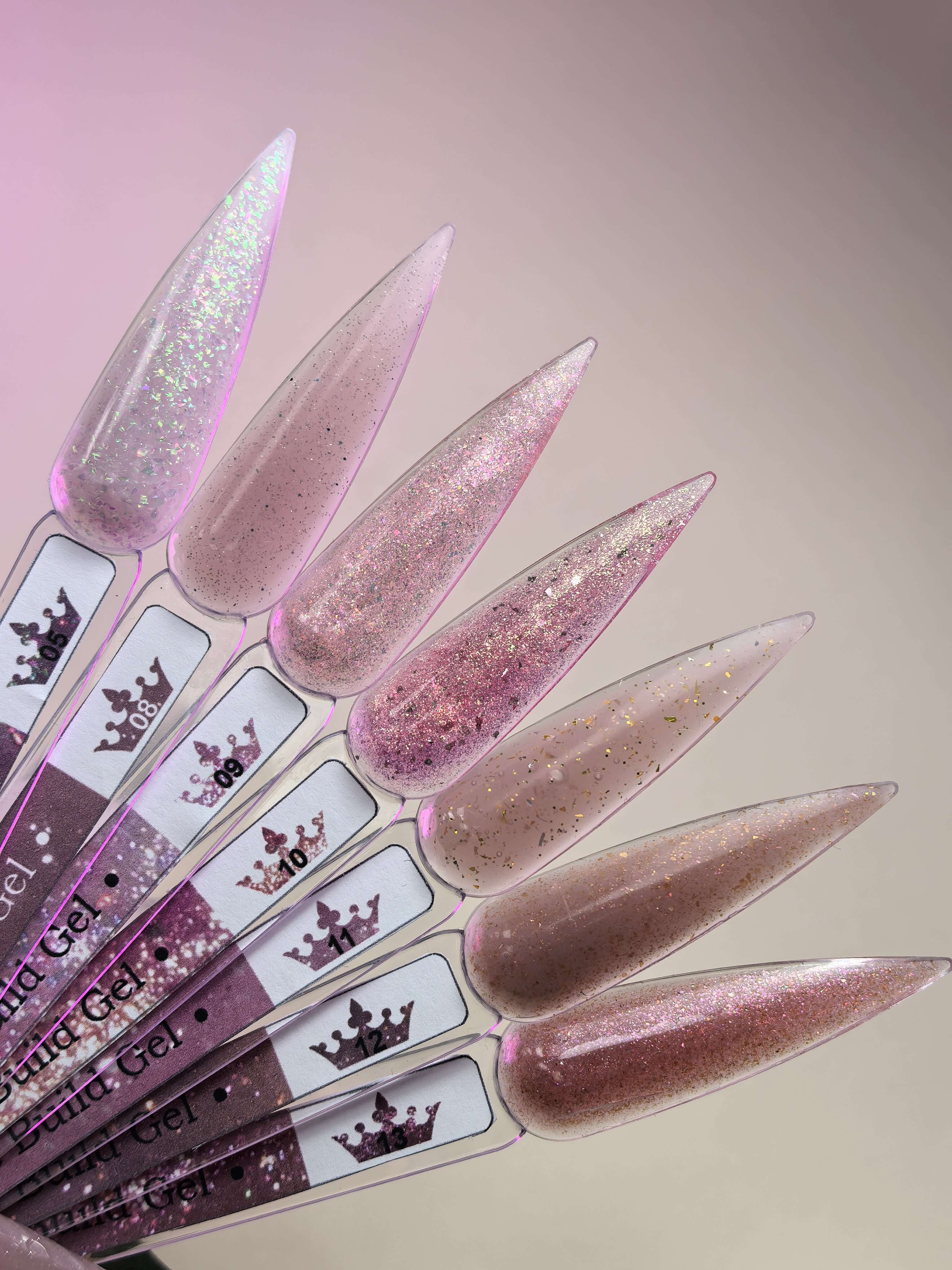 Samples of Brocade Builder Gel 05 showcasing various shimmering colors and textures on stiletto nail tips.