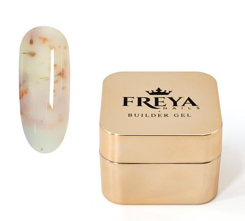 Imperial Bloom Builder Gel - 06 with peach blossom design in a gold Freya Nails container.