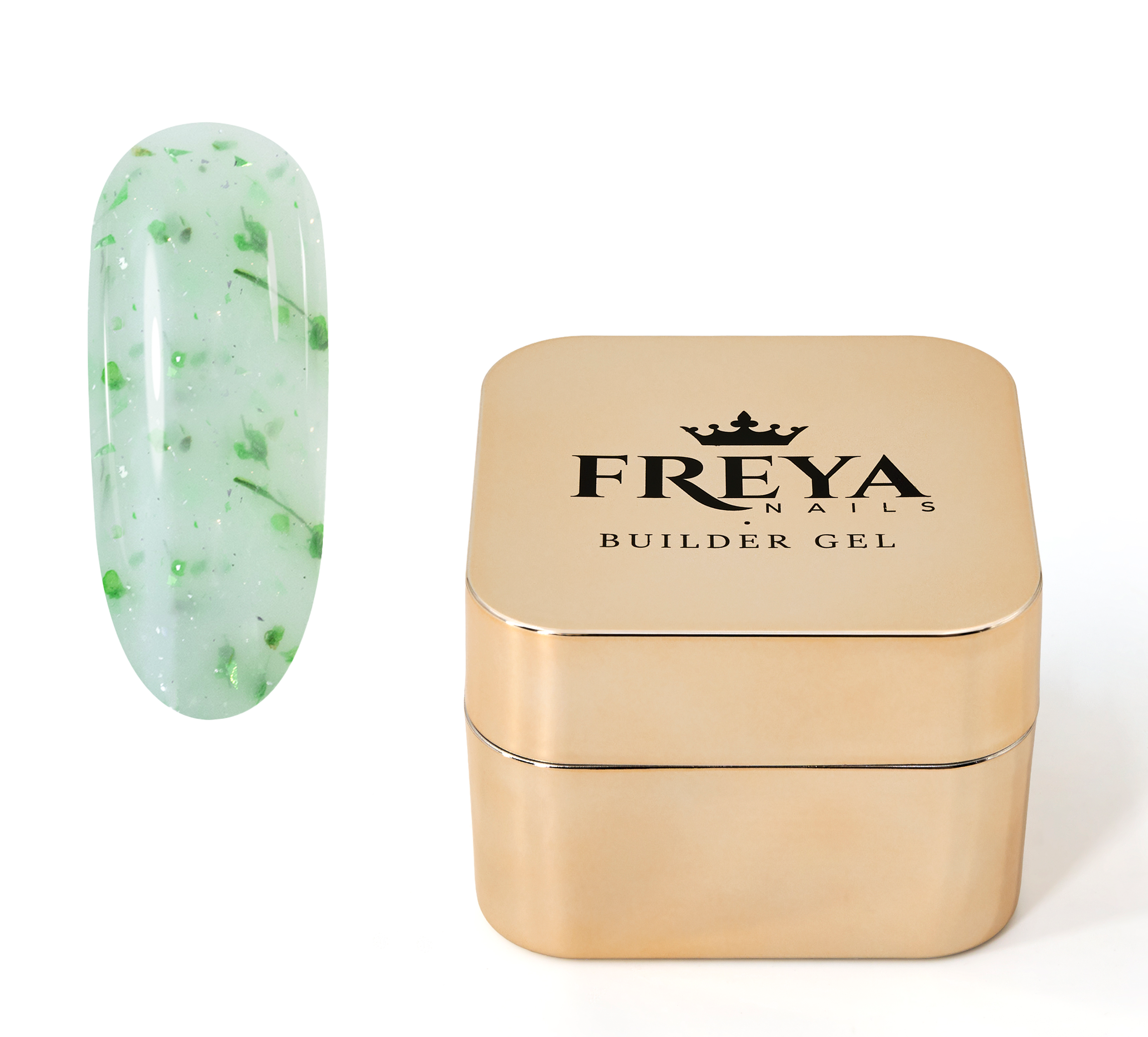 Imperial Bloom Builder Gel 07 - Lime Garden in a stylish gold container with a green flower nail sample.